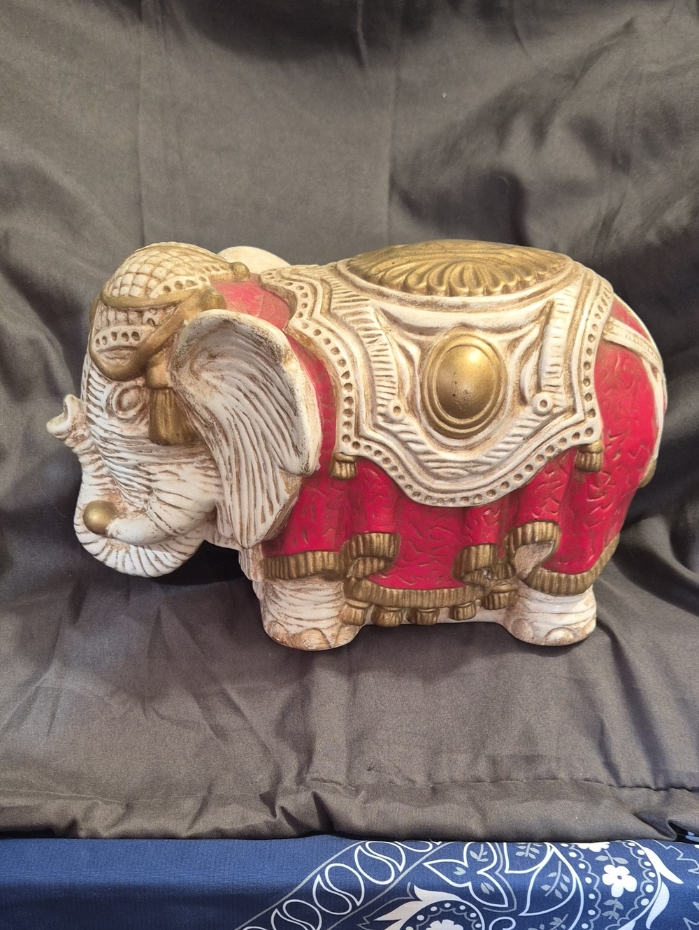 1974 Boho Elephant, Ornate Red and Gold Elephant Figurine.